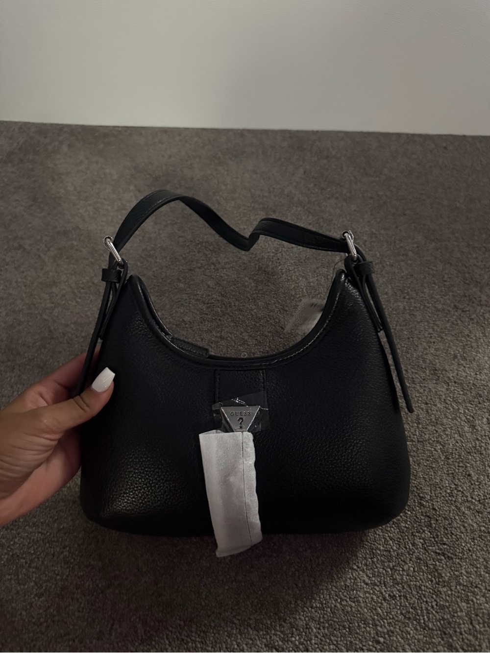 Guess Black Pebbled Leather Shoulder Bag with Silver Hardware